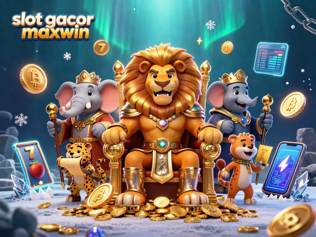 Engage with slot gacor maxwin in a 3D scene depicting a regal lion king surrounded by vibrant casino symbols.