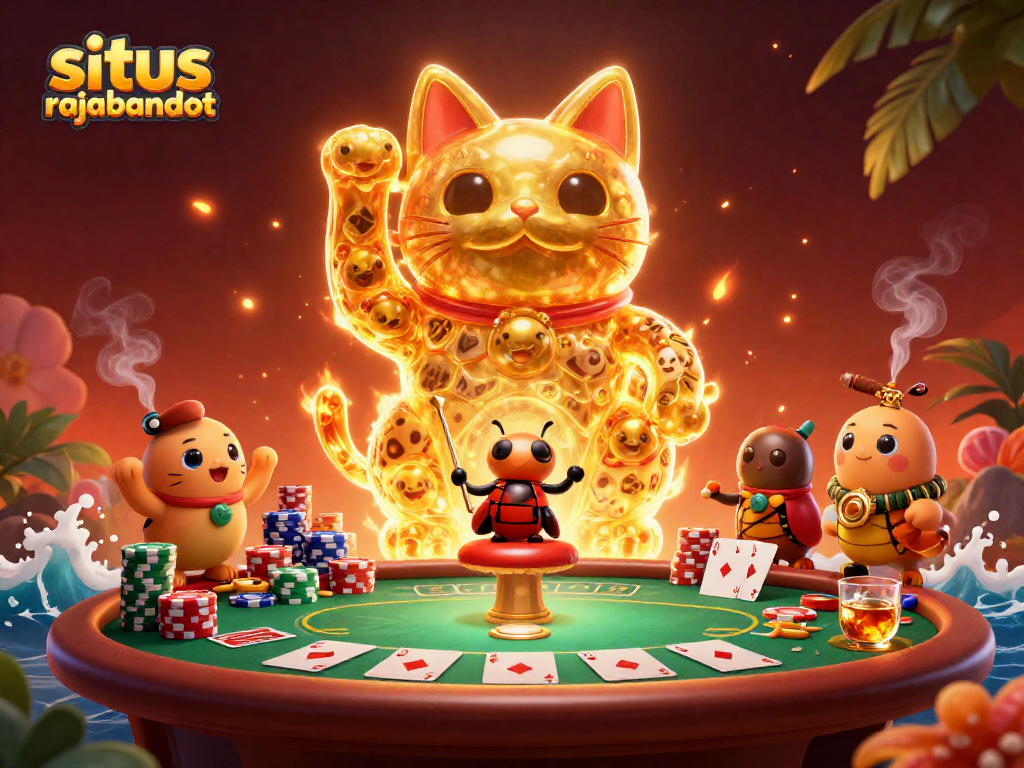 Situs rajabandot menghadirkan suasana kasino dengan kucing keberuntungan dan permainan poker yang dinamis.