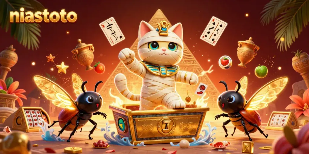 Permainan slot niastoto menghadirkan kucing mummy 3D yang beraksi di kasino piramida yang megah.