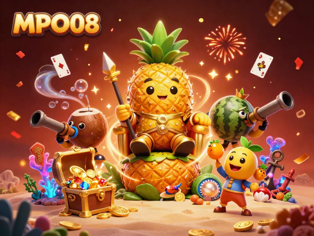 MPO08 presents a vibrant scene featuring a golden pineapple king and lively casino elements.