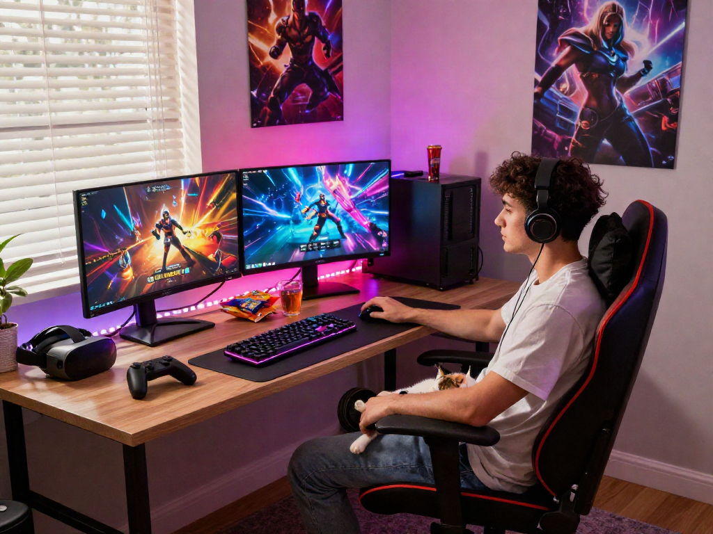 Engaged gamer exploring vibrant porngames on dual monitors in a modern gaming setup.