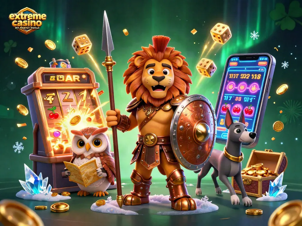 Claim your extreme casino no deposit bonus with vibrant slot machine action and festive imagery.
