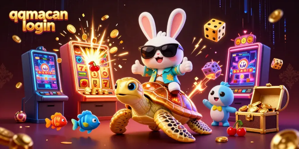 Experience thrilling jackpots with qqmacan login, as charming characters celebrate wins amidst vibrant casino elements.