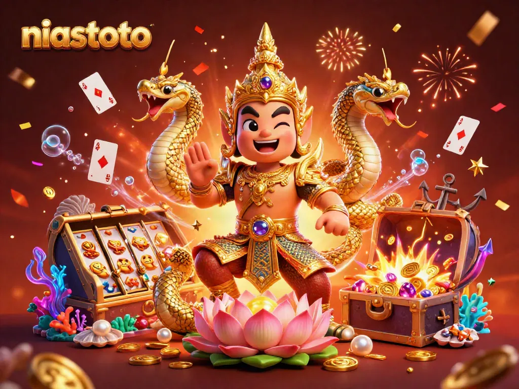 Engage with niastoto's thrilling slots as a guardian and Naga serpent celebrate amidst gold coins and confetti.