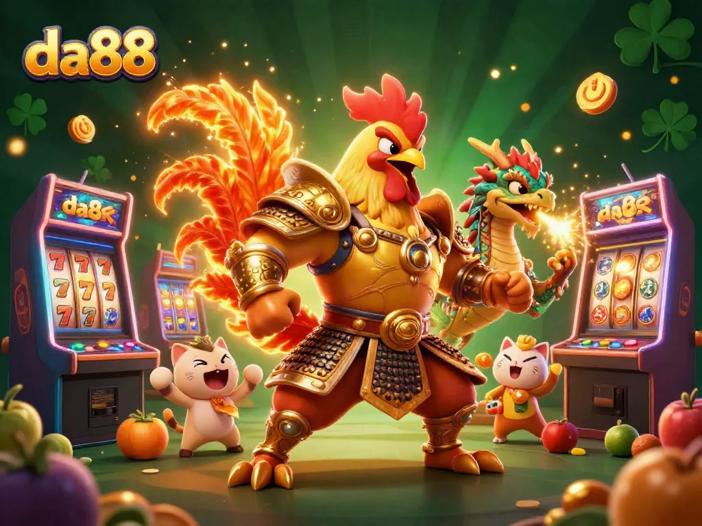 Engage with da88 at the dynamic gaming scene featuring a fighting rooster, dragon, and sparkling casino riches.