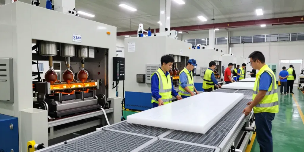 Engineered Composites staff collaborating in a modern GRP manufacturing facility.
