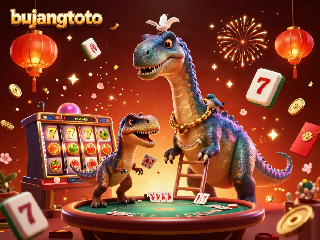 Engage with the dynamic and colorful world of bujangtoto, featuring a towering brontosaurus in a bustling casino scene.