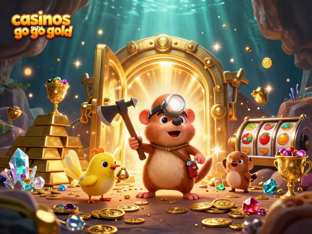Engage with casinos like Go Go Gold while mining for treasures and jewels in this vibrant scene.