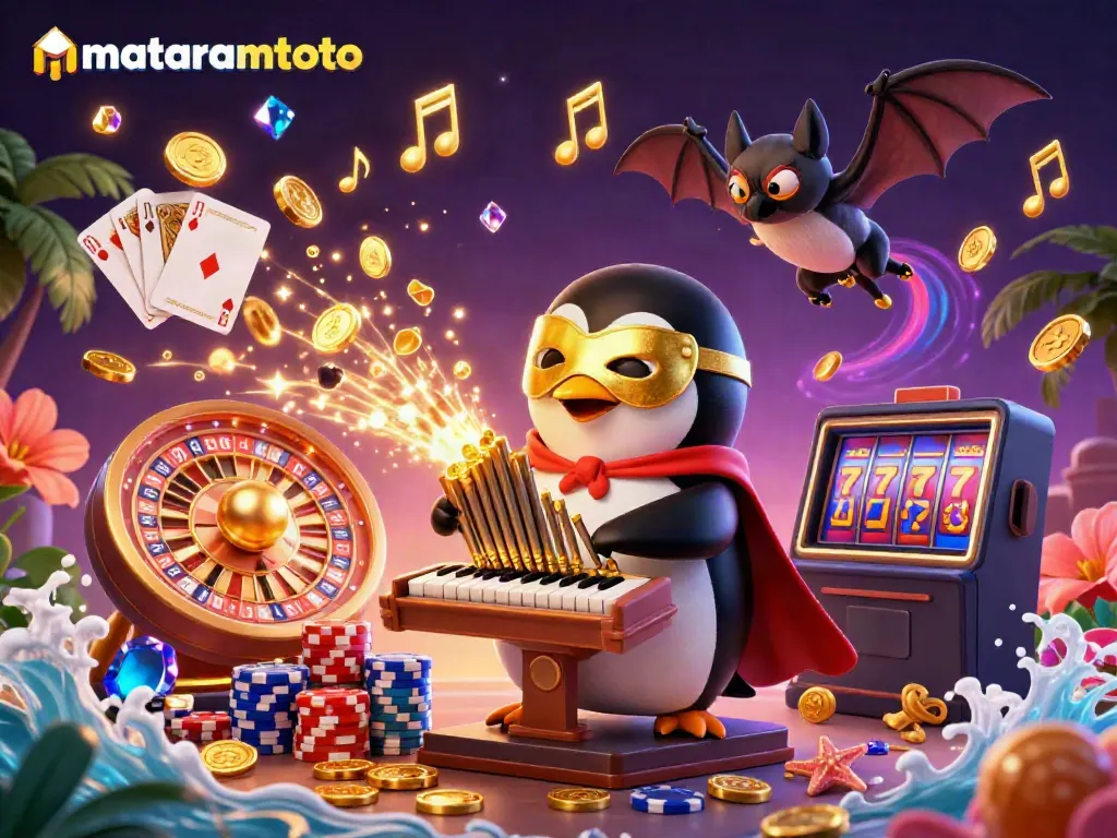 Experience the excitement of mataramtoto with a dynamic 3D casino scene featuring vibrant characters and sparkling elements.