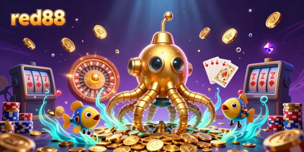 Experience the excitement of red88 with a dynamic 3D illustration of a golden kraken submarine amidst cascades of coins and gaming elements.