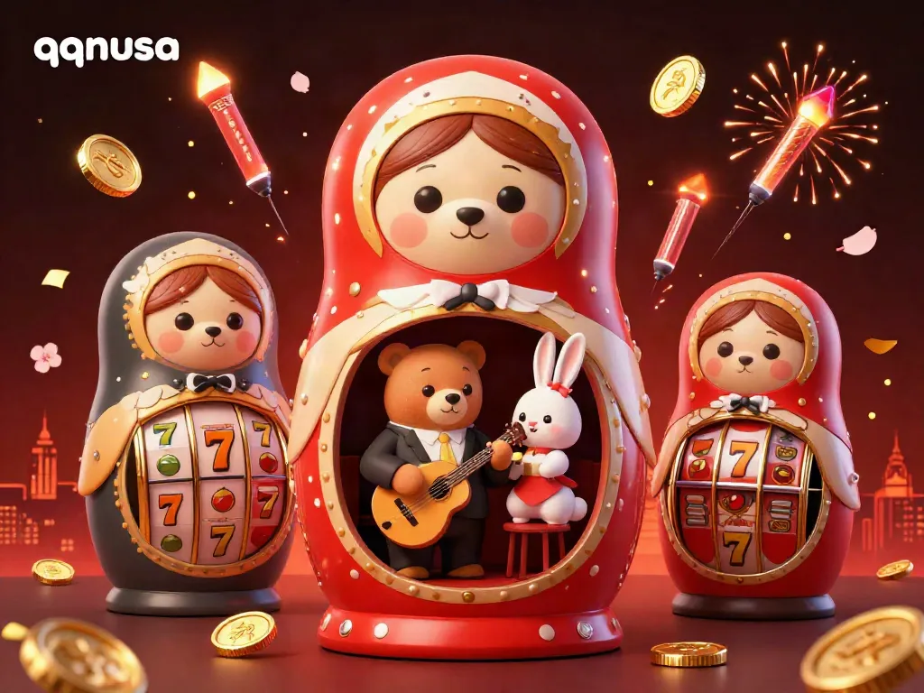 Engage with qqnusa's vibrant casino scene featuring a matryoshka bear and dynamic slot elements.