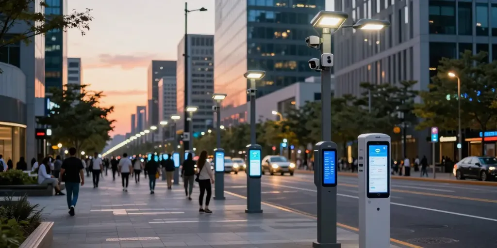 Smart light poles enhancing urban streets with charging stations and Wi-Fi, illustrating modern city life.