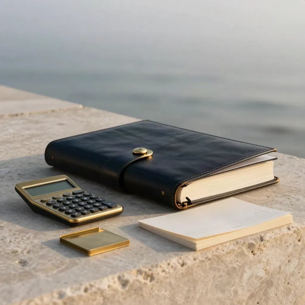Oversized leather ledger with brass tools on pale limestone in soft morning fog.