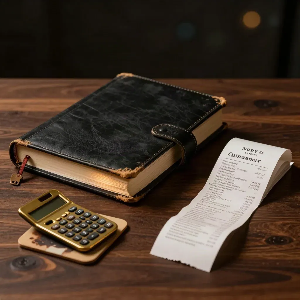 Ledger binder, brass calculator, coaster, and receipts on walnut under dramatic light.