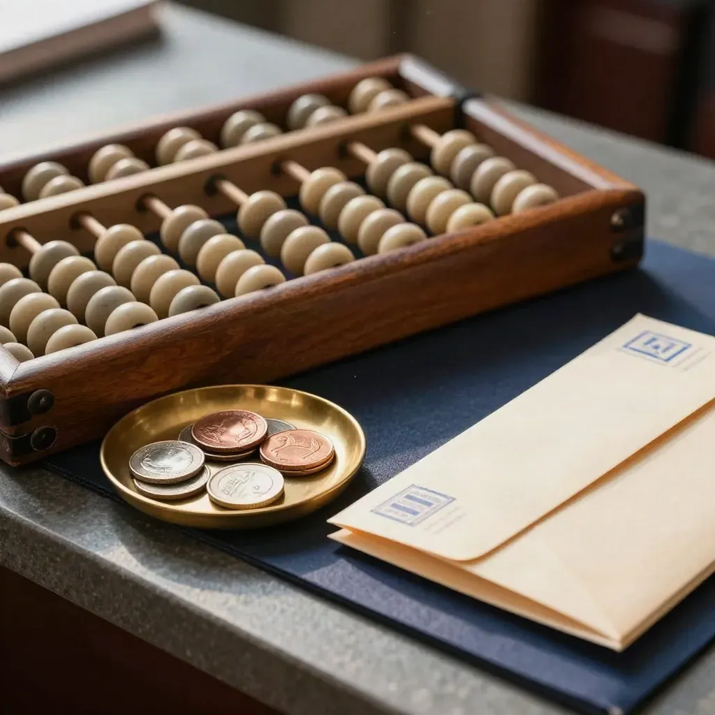 Abacus, coin tray and envelope stack on a finance counter in soft macro light.