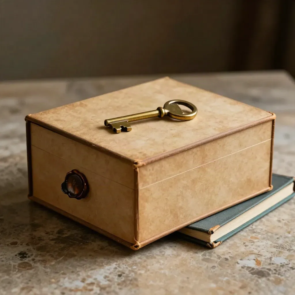 Archive box, wax seal, key ring and journal on stone in warm light.