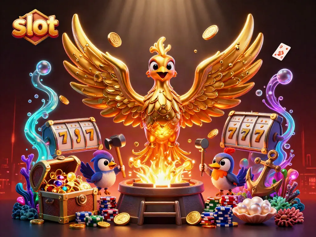 Experience exciting slot action in a vibrant 3D casino illustration featuring a golden phoenix and sparkling treasures.