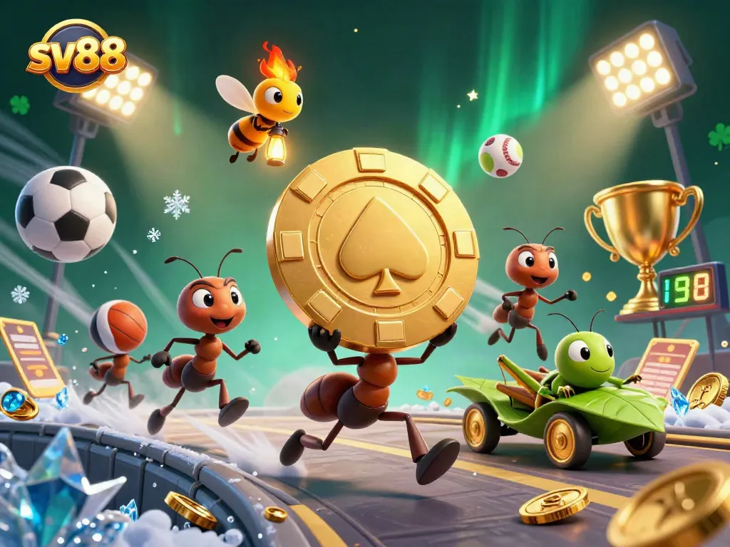 Engage with sv88 in a dynamic gambling adventure featuring ants, a firefly, and sports elements.
