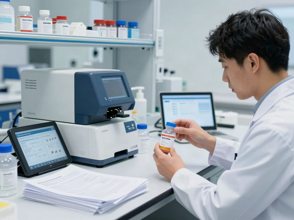 Researcher examining Swiss Chems peptides in a modern lab
