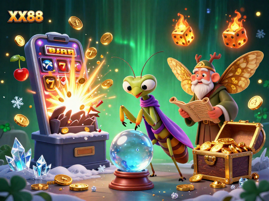 Engage with XX88, featuring a vibrant 3D gambling scene with animated characters, slot machines, and sparkling elements.