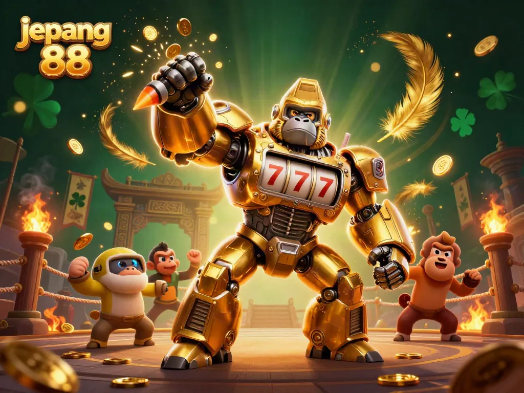 Experience the excitement of jepang 88 with a powerful golden gorilla mech and dynamic casino action.