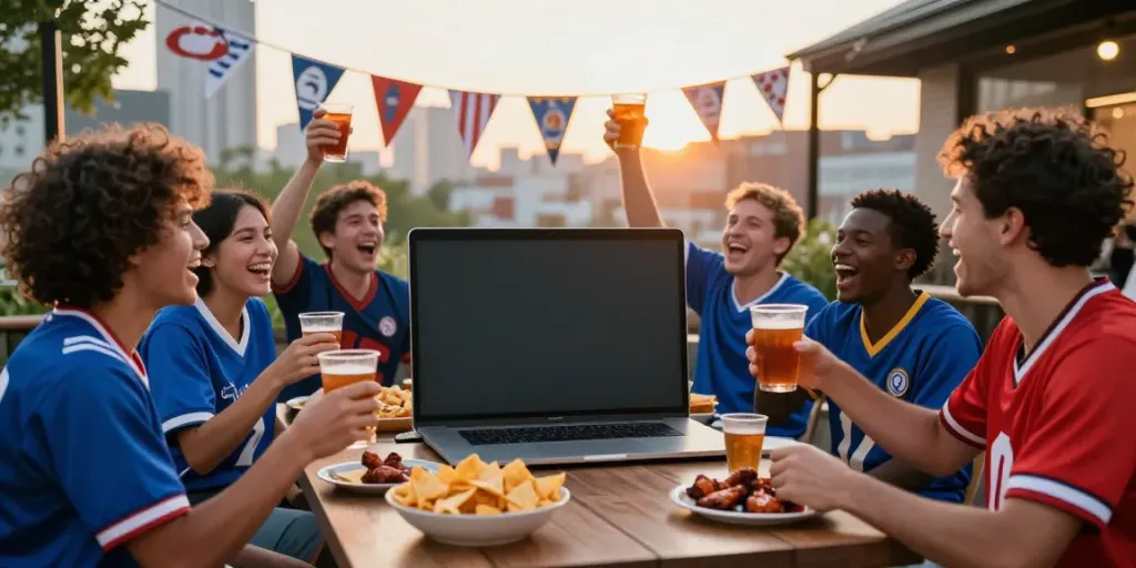 Exciting gathering of fans celebrating football matches, showcasing tebakskor889.org.