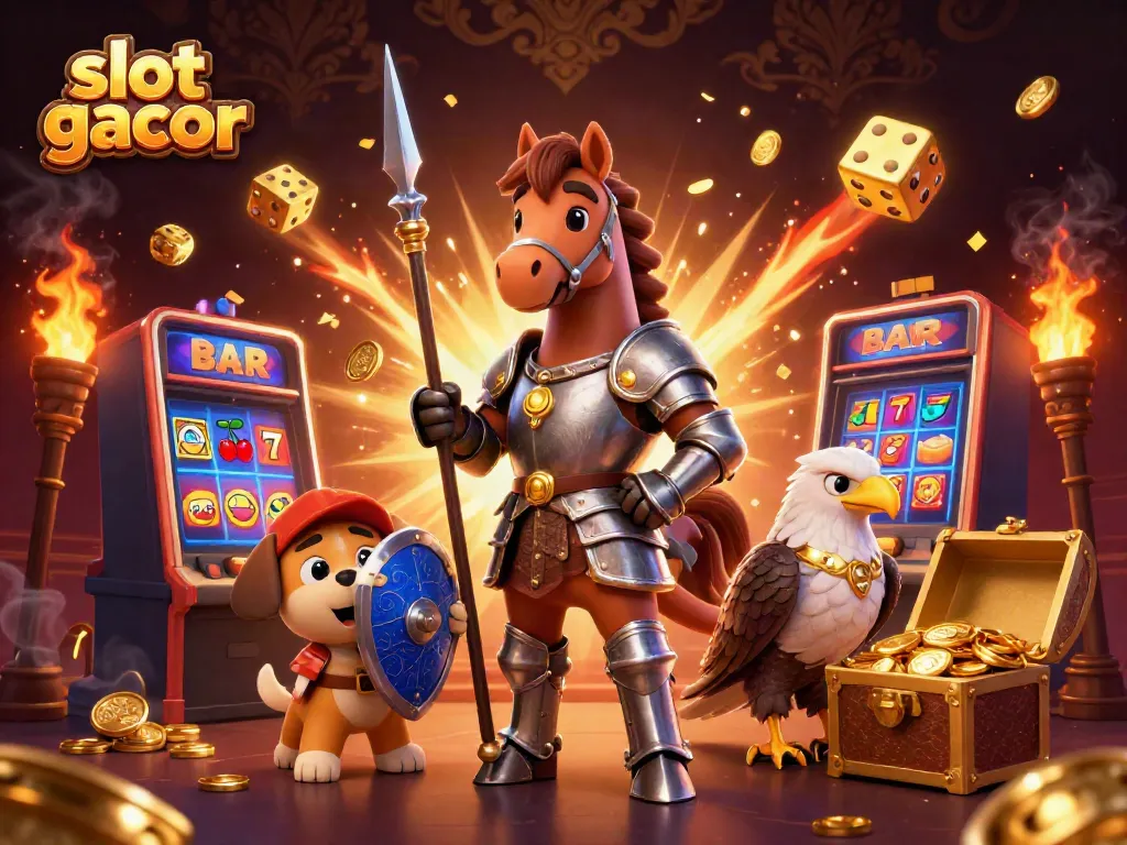 Experience slot gacor excitement with this dynamic illustration featuring a knight, puppy, and falcon amid a jackpot explosion.