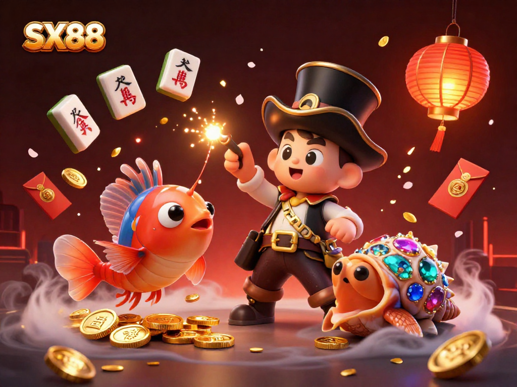 SX88's anglerfish draws gold coins in a vibrant underwater gaming scene with treasures and festive elements.