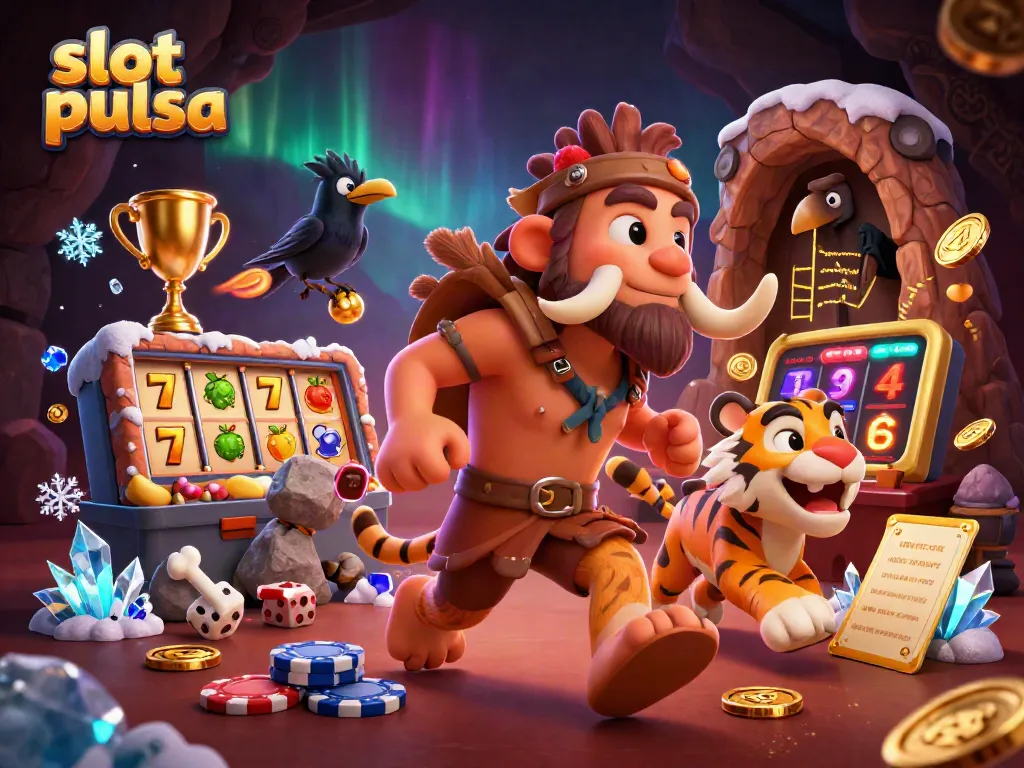 Experience thrilling slot pulsa gameplay with animated cavemen and casino themes in a vibrant digital scene