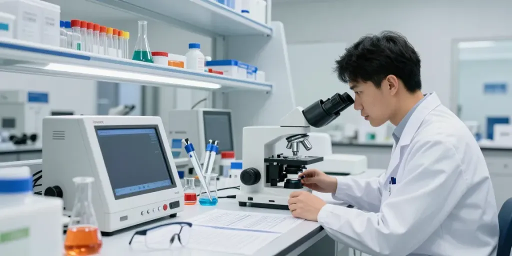 Scientist analyzing ac peptide in a modern laboratory environment.
