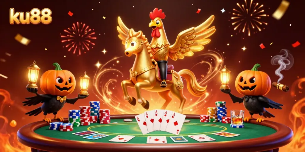 ku88 showcases exciting poker action at a vibrant casino with a golden rooster, enhancing gaming thrills.