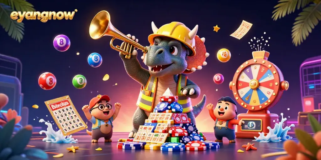 Experience eyangnow's vibrant lottery world with animated creatures celebrating a jackpot.
