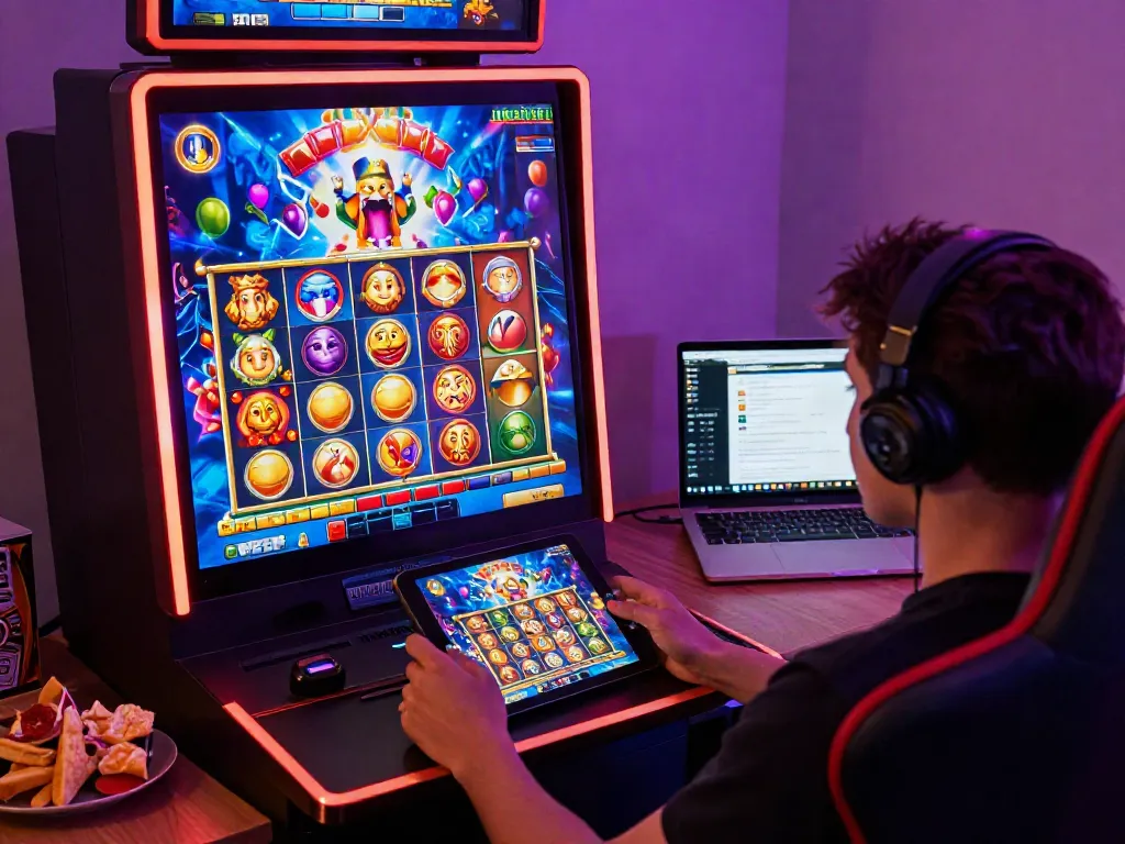 Exciting user engaging with digital slot games on tablet in inviting home gaming environment.