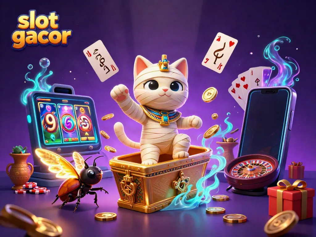 Engage in slot gacor gaming with a vibrant illustration featuring an Egyptian mummy cat and rich casino elements.
