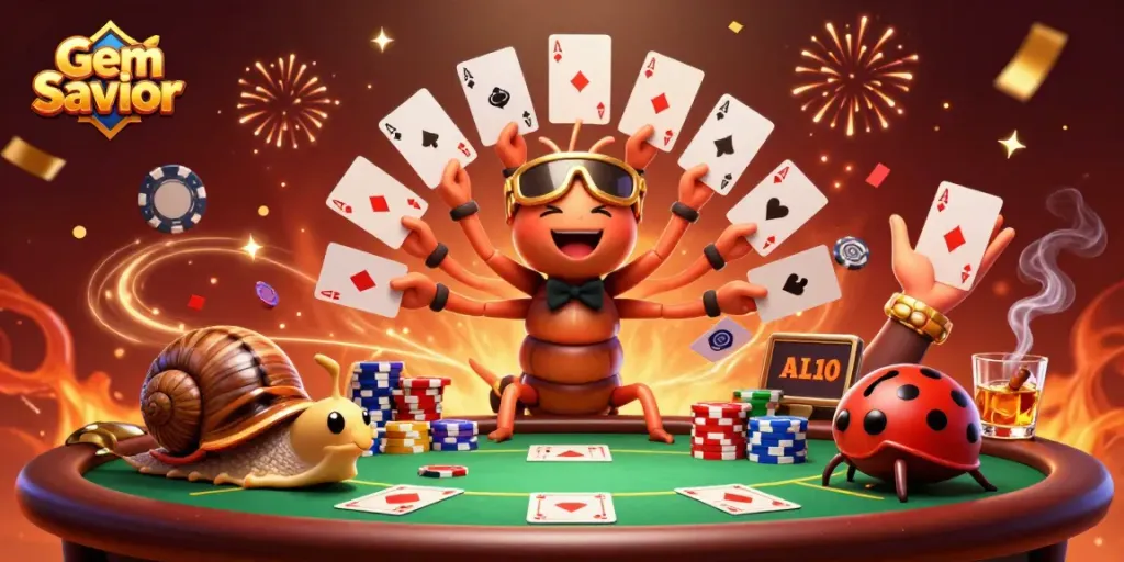 Gem Saviour slot game excitement with animated dealer and high-roller characters amid vibrant casino elements.
