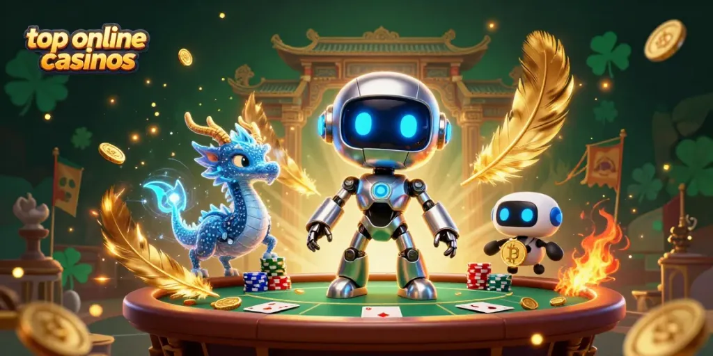 Engage with top online casinos featuring a vibrant scene of futuristic characters, poker gameplay, and lush casino elements.