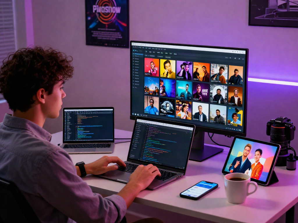 A young professional using Pikashow streaming service on a high-resolution monitor in a modern workspace.