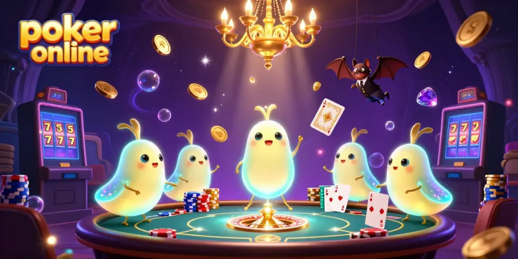 Experience vibrant poker online action with glowing characters and a bustling casino atmosphere.