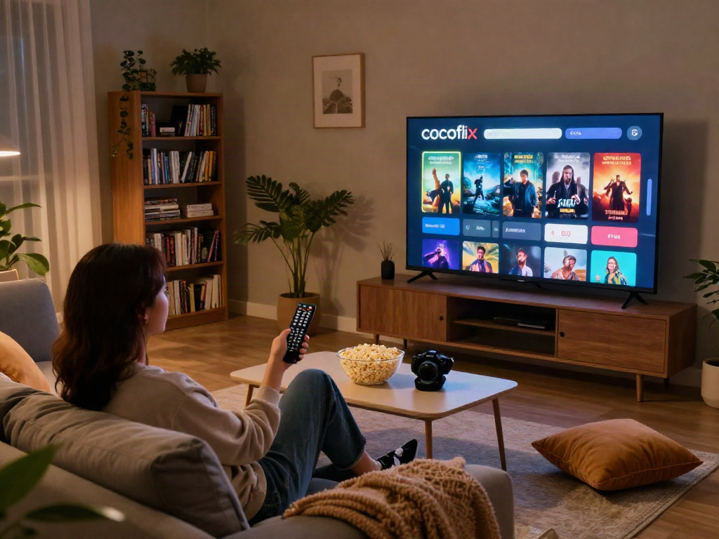 Relaxed user enjoying movie night with cocoflix app on TV.