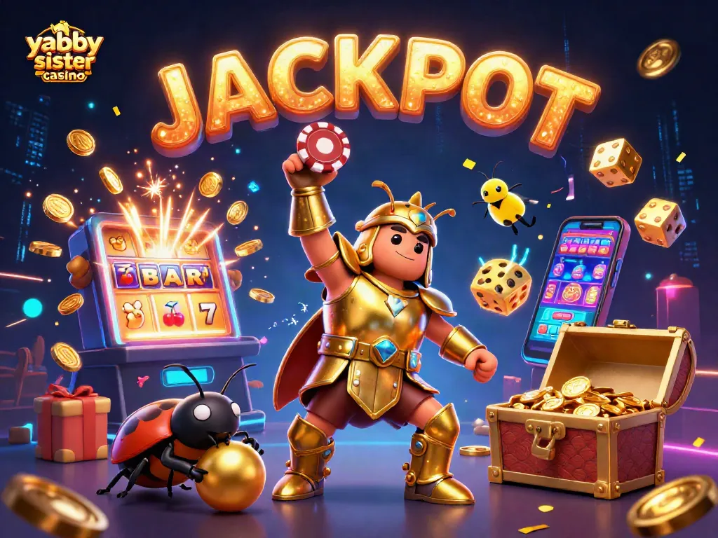 Engage with the excitement of yabby sister casino as beetles celebrate a jackpot victory amidst vibrant gaming elements.