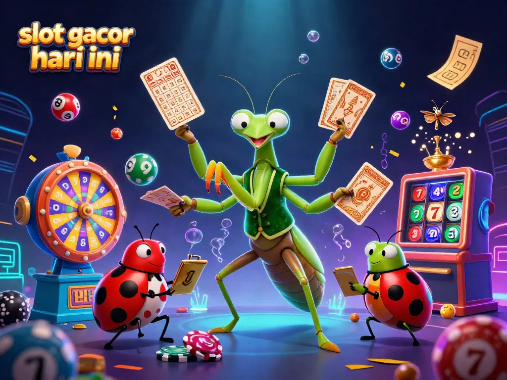 Slot gacor hari ini menunjukkan karakter kasino animasi dengan simbol permainan yang meriah.