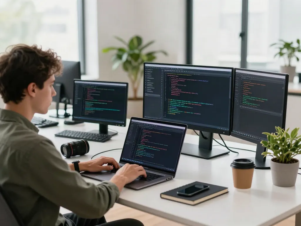 Brave developer coding in a modern workspace with multiple screens and plants.