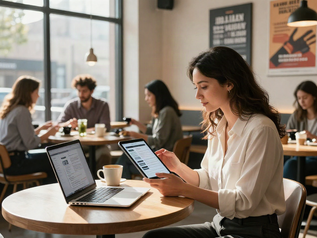 Finding job opportunities (หางาน) with a professional in a vibrant coffee shop.
