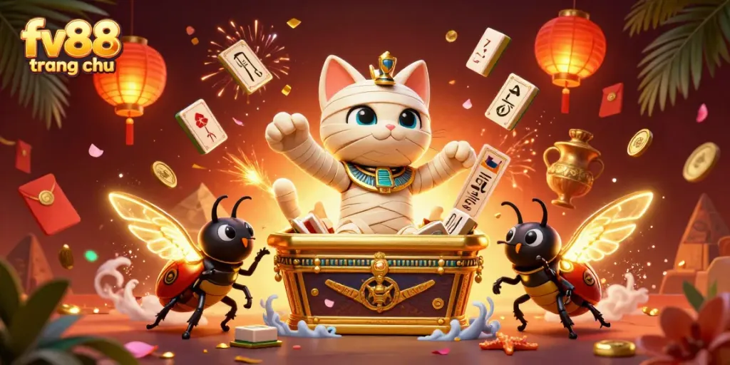 Experience thrilling gaming at fv88 trang chủ with an Egyptian mummy cat and vibrant casino elements.