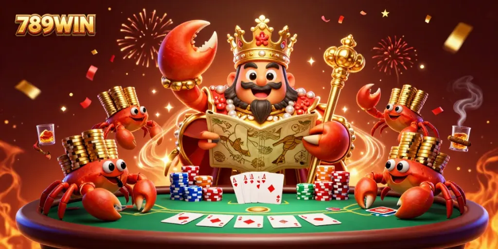 Experience the excitement of 789WIN with a golden crab emperor and dynamic casino elements.