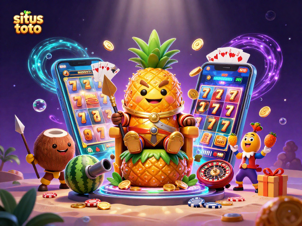Permainan situs toto meriah dengan karakter kerajaan nanas keemasan, penembakan koin emas, dan suasana kasino.