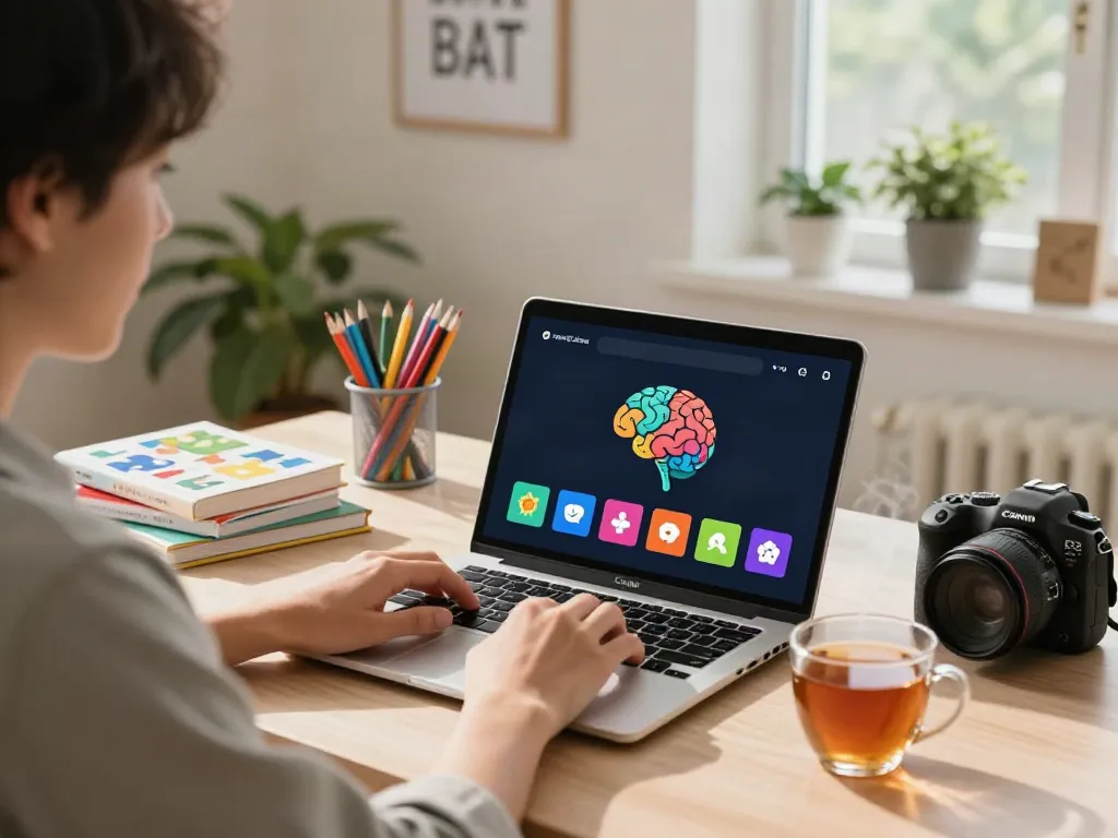 Person engaging with brain games on brainslot.net in a cozy home office.