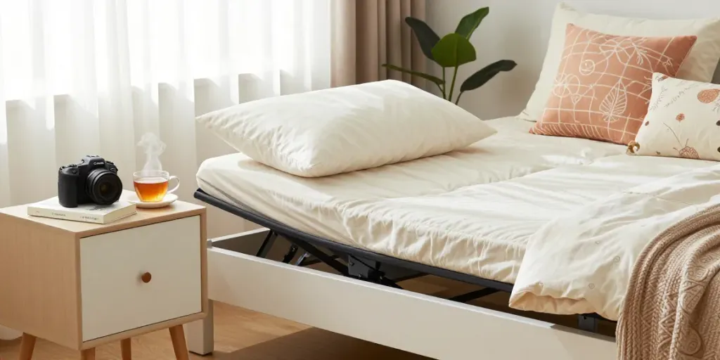 Stylish fold up bed ready for guests in a cozy bedroom setting