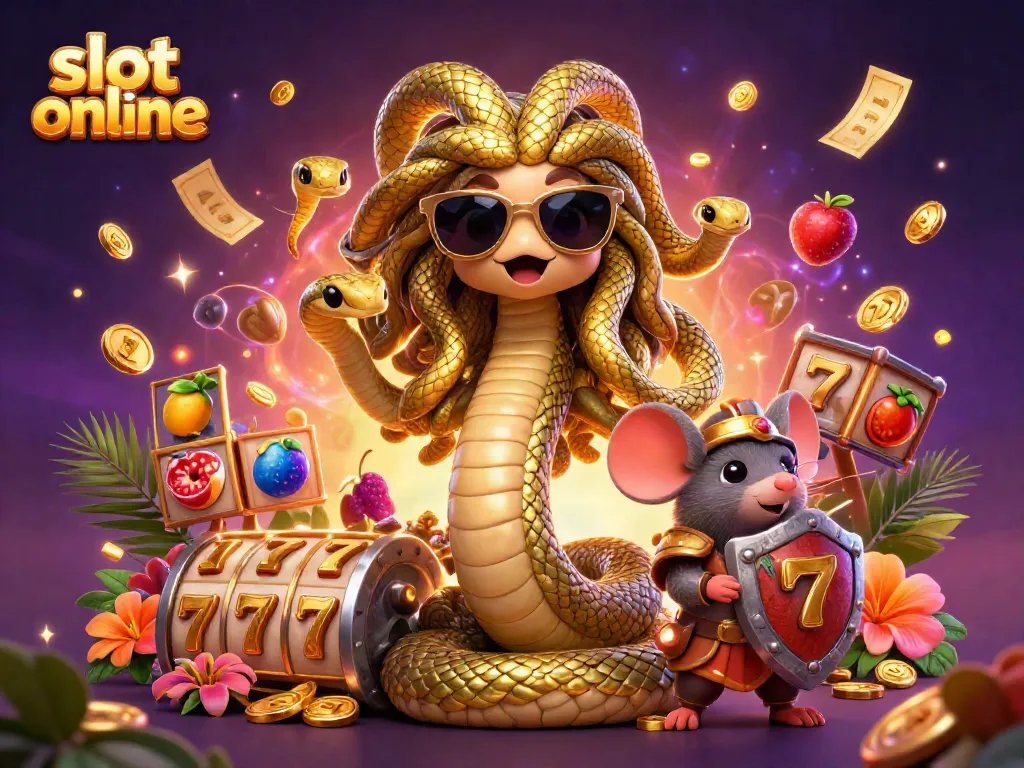 Putaran slot online dengan animasi 3D Medusa dan karakter seru lainnya dalam latar belakang yang memukau.