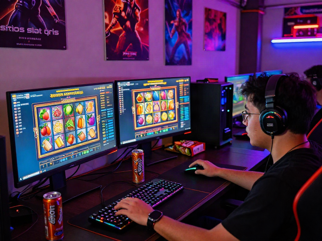 Engaged gamer enjoying situs slot qris experience on dual monitors with vibrant graphics.